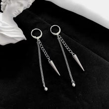 Load image into Gallery viewer, A pair of BTS Style Inspired Bullet Spike Earrings, 6-7cm in length, made of surgical steel, available in lever-back and stud styles. The design features sleek bullet spikes for an edgy, punk-inspired look.