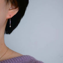 Load image into Gallery viewer, 18K gold plated or surgical steel dangle earrings with 3-4mm tiny faceted amethyst gemstones and natural pearls, perfect for adding a touch of elegance to any outfit.