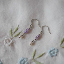 Load image into Gallery viewer, 18K gold plated or surgical steel dangle earrings with 3-4mm tiny faceted amethyst gemstones and natural pearls, perfect for adding a touch of elegance to any outfit.