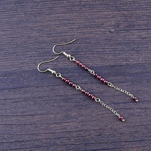 将图片加载到图库查看器,Wine red garnet natural gemstone dangle earrings with 3mm round beads, 7cm length.