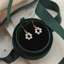 Load image into Gallery viewer, A pair of 18K Gold Plated, surgical steel, or silver dangle earrings with 3mm baroque pearls in a flower circle design. 4o