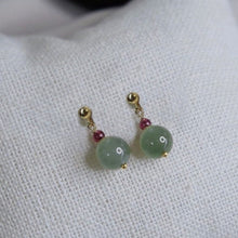 Load image into Gallery viewer, 18K gold plated or stainless steel earrings with 3mm garnet and 8mm dark green jade beads, perfect for adding a touch of elegance and luxury to any outfit.