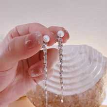 Load image into Gallery viewer, 925 Silver Earrings with 5mm Natural Button Freshwater Pearls and Three-Layer Sparkle Chains, 9cm Length, Wedding Bridal Jewelry