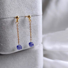 Load image into Gallery viewer, 18K gold plated stud earrings with 5mm faceted cube amethyst stones and a 3.5cm short chain, perfect for adding a touch of elegance and charm to any outfit.