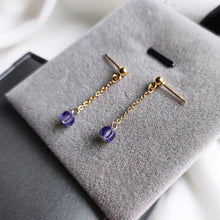 Load image into Gallery viewer, 18K gold plated stud earrings with 5mm faceted cube amethyst stones and a 3.5cm short chain, perfect for adding a touch of elegance and charm to any outfit.