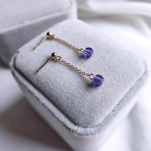 Load image into Gallery viewer, 18K gold plated stud earrings with 5mm faceted cube amethyst stones and a 3.5cm short chain, perfect for adding a touch of elegance and charm to any outfit.