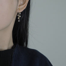 Load image into Gallery viewer, A pair of 18K Gold Plated steel earrings with 3mm baroque natural pearls, measuring 4-4.5cm in length, ideal for weddings and bridesmaid gifts.