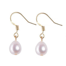 Load image into Gallery viewer, 18K gold plated or 925 silver Korean fashion dangle earrings with 6-7mm natural freshwater pearls, perfect for adding a touch of sophistication and timeless beauty to any outfit.