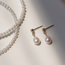 将图片加载到图库查看器,18K gold plated or steel dangle earrings with 4mm natural oval pearls, perfect for adding a subtle touch of sophistication to any outfit.