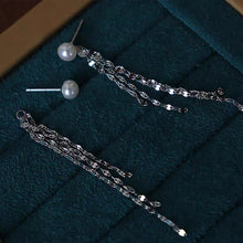 Load image into Gallery viewer, 925 Silver Earrings with 5mm Natural Button Freshwater Pearls and Three-Layer Sparkle Chains, 9cm Length, Wedding Bridal Jewelry