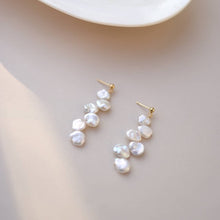 Load image into Gallery viewer, Korean Style 18K Gold Plated /Surgical Steel Natural Keshi 6-8mm Baroque Pearls Flat Side Flora Earrings Bridal and Bridesmaid Gifts