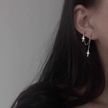 将图片加载到图库查看器,Korean fashion steel double piercing earrings with an 18mm Gothic cross charm and 5cm length, ideal for a bold and edgy look.