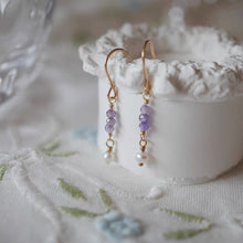 Load image into Gallery viewer, 18K gold plated or surgical steel dangle earrings with 3-4mm tiny faceted amethyst gemstones and natural pearls, perfect for adding a touch of elegance to any outfit.