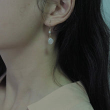 Load image into Gallery viewer, 18k gold plated dangle earrings with 3mm button pearls and 8mm keshi pearls, hypoallergenic and elegant.