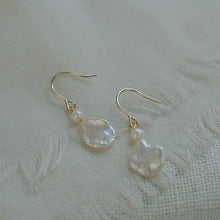 Load image into Gallery viewer, 18k gold plated dangle earrings with 3mm button pearls and 8mm keshi pearls, hypoallergenic and elegant.