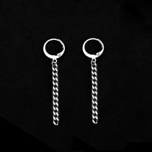 将图片加载到图库查看器,A pair of solid stainless steel hoop earrings with a thin Cuban chain design, measuring 5cm in length. The earrings are styled in a BTS Kpop fashion, perfect for adding a punk edge to any outfit.