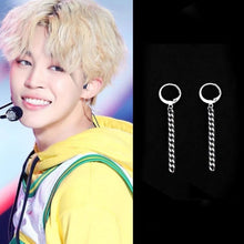 将图片加载到图库查看器,A pair of solid stainless steel hoop earrings with a thin Cuban chain design, measuring 5cm in length. The earrings are styled in a BTS Kpop fashion, perfect for adding a punk edge to any outfit.
