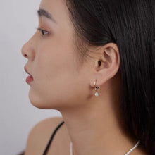 Load image into Gallery viewer, Minimalist 18K Gold Plated/ Silver Steel 3-4mm AAA Button Pearls/ Dangle Huggie Earrings for Women | Dainty Earrings