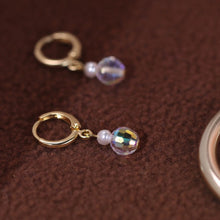 Load image into Gallery viewer, A pair of 18K Gold Plated hoop earrings with lever-back closures, featuring 3mm natural pearls and 8mm faceted crystal clear AB rainbow beads.