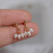 Load image into Gallery viewer, A pair of 18K Gold Plated or surgical steel stud earrings with AAA 4-5mm small oval natural pearls.