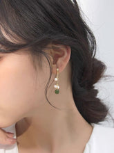 Load image into Gallery viewer, 18K gold plated or silver flora style stud earrings with 3mm tiny pearls and 8mm dark green jade, perfect for adding a touch of nature-inspired elegance to any outfit.