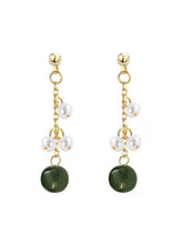 Load image into Gallery viewer, 18K gold plated or silver flora style stud earrings with 3mm tiny pearls and 8mm dark green jade, perfect for adding a touch of nature-inspired elegance to any outfit.
