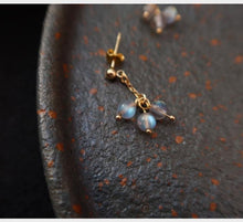 Load image into Gallery viewer, A pair of 18K Gold Plated or surgical steel earrings with 4mm small labradorite gemstones.