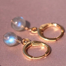 将图片加载到图库查看器,18K gold plated huggie hoop earrings with AAA-grade natural labradorite 8mm beads, perfect for adding a touch of mystery and sophistication to any outfit.