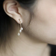 Load image into Gallery viewer, A pair of 18K Gold Plated or surgical steel earrings with 4-5mm oval AAA freshwater pearls, 5cm in length, ideal for wedding bridal and bridesmaid gifts.