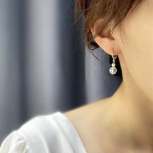 Load image into Gallery viewer, A pair of 18K Gold Plated hoop earrings with lever-back closures, featuring 3mm natural pearls and 8mm faceted crystal clear AB rainbow beads.