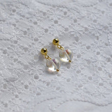 Load image into Gallery viewer, 18K gold plated or surgical steel earrings with 8mm clear AB love heart rainbow glass colored glaze lampwork beads, perfect for adding a touch of whimsy and charm to any outfit.