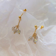 Load image into Gallery viewer, A pair of 18K Gold Plated or surgical steel earrings with 4mm small labradorite gemstones.