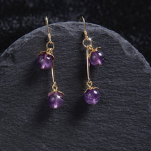 Load image into Gallery viewer, 18K gold plated 925 silver dangle earrings with 8mm natural amethyst beads in a flower design, perfect for adding a touch of luxury and elegance to any outfit.