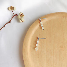 Load image into Gallery viewer, A pair of 18K Gold Plated or surgical steel bar earrings with AAA 4-5mm natural moonstone round beads.