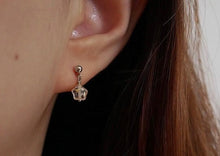 Load image into Gallery viewer, 18K gold plated or surgical steel earrings with 8mm gold foil matte star colored glaze lampwork beads, perfect for adding a touch of elegance and whimsy to any outfit.