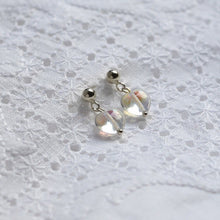 Load image into Gallery viewer, 18K gold plated or surgical steel earrings with 8mm clear AB love heart rainbow glass colored glaze lampwork beads, perfect for adding a touch of whimsy and charm to any outfit.