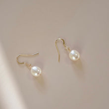 Load image into Gallery viewer, 18K gold plated or 925 silver Korean fashion dangle earrings with 6-7mm natural freshwater pearls, perfect for adding a touch of sophistication and timeless beauty to any outfit.