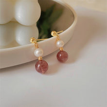 将图片加载到图库查看器,A pair of elegant earrings plated with 18K gold, featuring a 4mm natural pearl and an 8mm AAA-grade strawberry quartz stone.