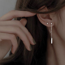 Load image into Gallery viewer, Image of a pair of double piercing earrings made of steel, featuring Korean 2cm rectangle charms and 3cm drops.