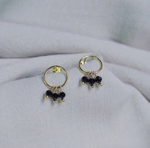 Load image into Gallery viewer, 18K gold plated geometric earrings with 4mm black tourmaline stones in a circle design, hypoallergenic and elegant.