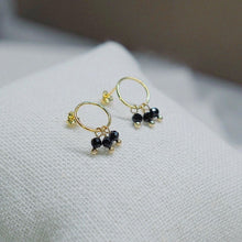 Load image into Gallery viewer, 18K gold plated geometric earrings with 4mm black tourmaline stones in a circle design, hypoallergenic and elegant.