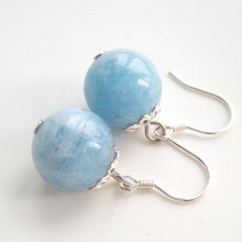 Load image into Gallery viewer, 18K gold plated or S925 silver filigree flower bead cap earrings with 12mm milky aquamarine beads, perfect for adding a touch of elegance and sophistication to any outfit.