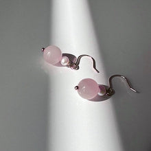 Load image into Gallery viewer, 18K gold plated dangle earrings with 8mm rose quartz beads and 3mm pearls, perfect for adding a touch of romance and sophistication to any outfit.