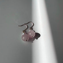 Load image into Gallery viewer, 18K gold plated dangle earrings with 8mm rose quartz beads and 3mm pearls, perfect for adding a touch of romance and sophistication to any outfit.
