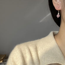Load image into Gallery viewer, 18K gold plated dangle earrings with 8mm rose quartz beads and 3mm pearls, perfect for adding a touch of romance and sophistication to any outfit.
