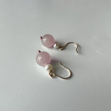 Load image into Gallery viewer, 18K gold plated dangle earrings with 8mm rose quartz beads and 3mm pearls, perfect for adding a touch of romance and sophistication to any outfit.