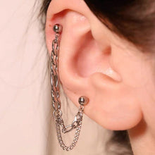 Load image into Gallery viewer, Figaro and curb chain double piercing earrings, available as a single piece or a pair, combining classic chain designs with a modern twist.