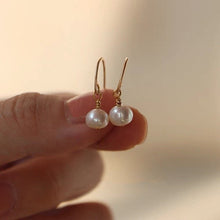 将图片加载到图库查看器,18K gold plated, silver, or steel Korean style dangle earrings with 5mm freshwater button pearls, perfect for weddings and sensitive ears, hypoallergenic and nickel-free.