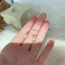 将图片加载到图库查看器,18K gold plated, silver, or steel Korean style dangle earrings with 5mm freshwater button pearls, perfect for weddings and sensitive ears, hypoallergenic and nickel-free.
