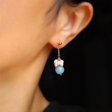 Load image into Gallery viewer, Gold/Silver 3mm Freshwater Pearl 8mm Light Blue Aquamarine Earring 4cm
